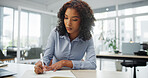 Woman, writing and notebook with review at office, agenda or checklist for schedule at finance company. Person, broker or advisor with book, feedback or asset management career at investment agency