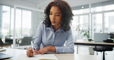 Buy stock photo Woman, writing and notebook with review at office, agenda or checklist for schedule at finance company. Person, broker or advisor with book, feedback or asset management career at investment agency