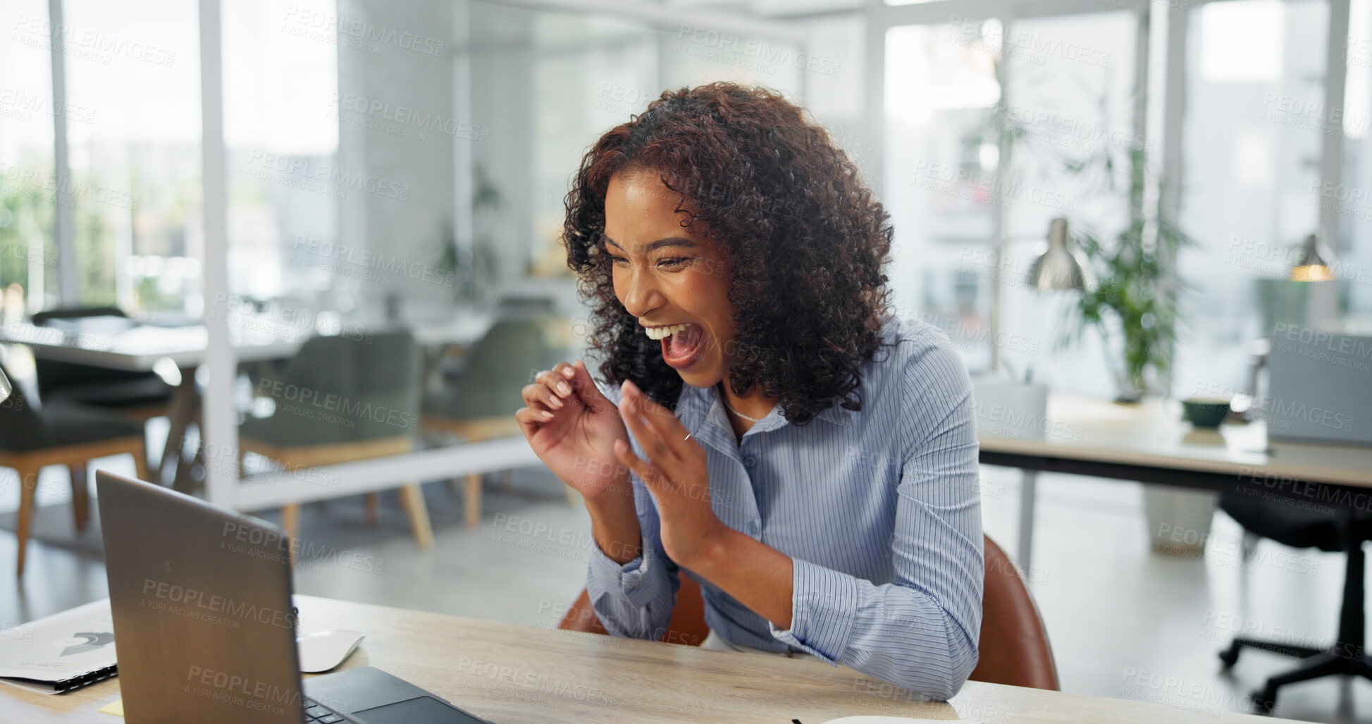 Buy stock photo Women, video call and applause with laptop at office, smile or excited with success for profit at job. Person, celebration and virtual meeting with goals, achievement or asset management at agency
