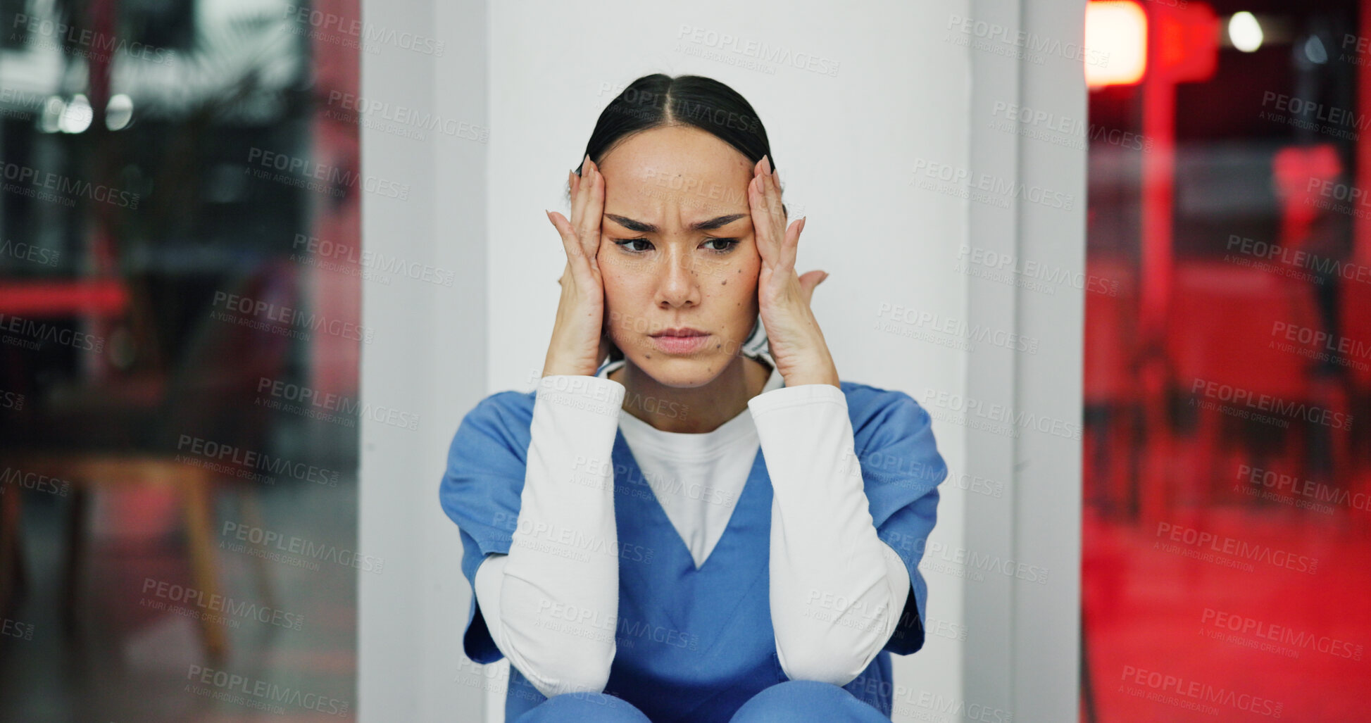 Buy stock photo Stress, woman and nurse in hospital with crisis, mistake or pressure for treatment plan. Tension, burnout and healthcare worker with fatigue for negative report with doubt for patient in clinic.