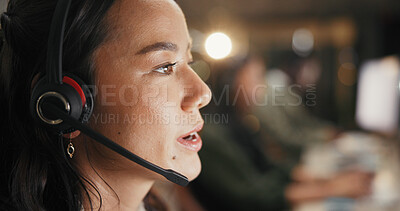 Buy stock photo Woman, agent and night with headset for online advice or customer service in call center. Female person, consultant or working late with mic for virtual assistance, support or help in workplace