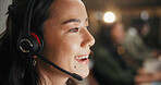 Happy woman, agent and night with headset for online advice or customer service in call center. Female person, consultant or working late with mic for virtual assistance, support or help in workplace
