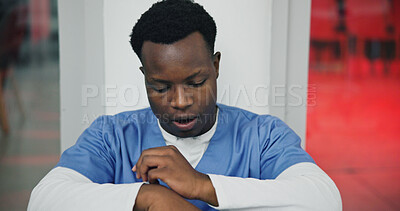 Buy stock photo Pressure, black man and nurse in hospital with crisis, mistake or stress for treatment plan. Tension, burnout and African healthcare worker with fatigue for negative report for patient in clinic.