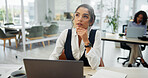 Laptop, thinking or businesswoman at desk for planning, calendar review or brand awareness strategy. Promotion ideas, schedule solution or marketing director in creative agency, pc or problem solving