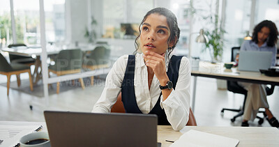 Buy stock photo Laptop, thinking or businesswoman at desk for planning, calendar review or brand awareness strategy. Promotion ideas, schedule solution or marketing director in creative agency, pc or problem solving