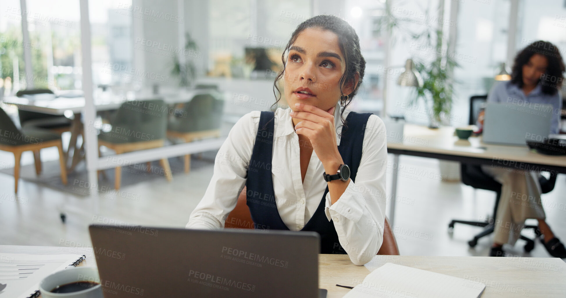 Buy stock photo Laptop, thinking or businesswoman at desk for planning, calendar review or brand awareness strategy. Promotion ideas, schedule solution or marketing director in creative agency, pc or problem solving