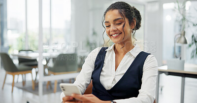 Buy stock photo Woman, phone and happy at office, texting or feedback for investment at financial company. Person, advisor and broker with smartphone, smile and fintech on mobile app for virtual consulting at agency