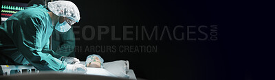 Buy stock photo Hospital, procedure and surgeon with patient, surgery and gloves for emergency care or mockup space. Black background, banner and operation for cancerous tissue, people and medical help in clinic