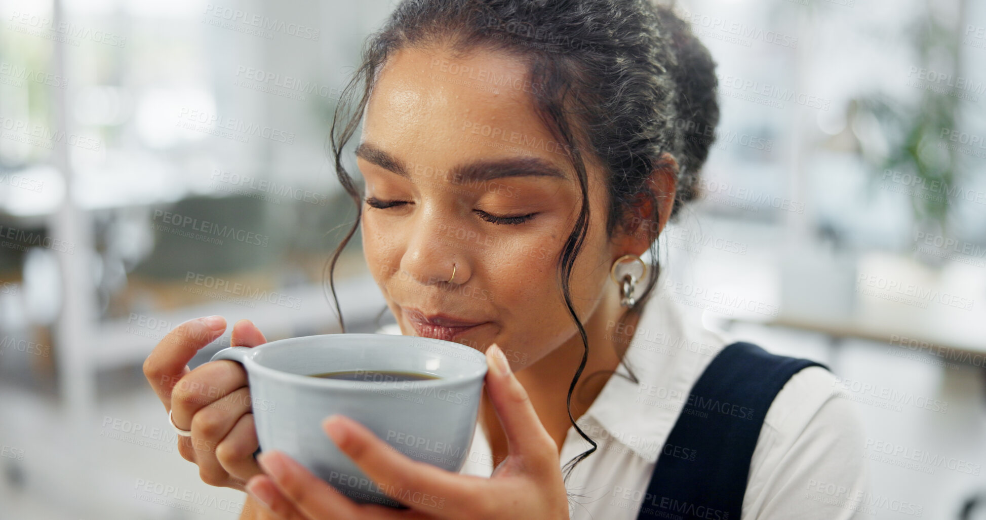 Buy stock photo Smell, coffee and woman in office with reflection for news report idea, story planning and journalism. Creative, writer and person thinking in workplace with beverage, article and blog contemplation.