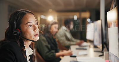 Buy stock photo Woman, consultant and night with headset for online advice or customer service in call center. Female person, agent or working late with mic for virtual assistance, support or help in workplace