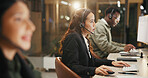 Woman, call center and consulting with headset at night for customer service or support at office. Female person, employee or agent talking for communication, helpdesk and overtime at workplace