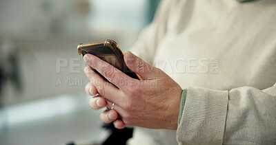Buy stock photo Hands, phone and person in wheelchair, texting and research for recovery, injury and rest in home. Patient with disability, smartphone and scroll on mobile app for rehabilitation process at apartment