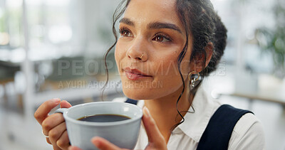 Buy stock photo Thinking, woman and writer in office with idea for news report, story planning and journalism. Creative, journalist and person in workplace with beverage, article reflection and blog contemplation.