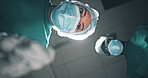 Low angle, doctor and people in hospital, portrait and surgical mask with medical service. Pov, procedure and employees in clinic, healthcare and emergency with face cover and treatment for injury