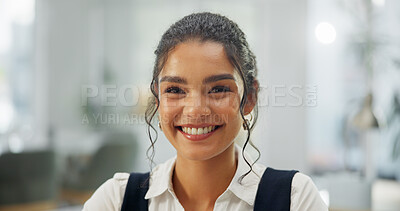 Buy stock photo Marketing, portrait or woman in office with smile, pride or entry level in advertising industry. Happy, about us or intern in agency with confidence, career or skill development in promotions role.