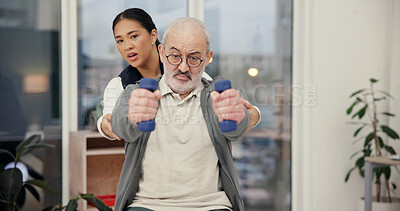 Buy stock photo Weightlifting, physiotherapist and exercise with senior man in rehabilitation, help or muscle recovery. Physical therapy, woman and elderly patient with dumbbell, fitness and health in medical clinic