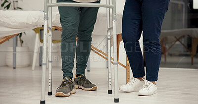 Buy stock photo Physiotherapist, legs and helping old person with walker, senior care and support for rehabilitation. Hospital, caregiver and walking with elderly patient, balance and physical therapy for recovery