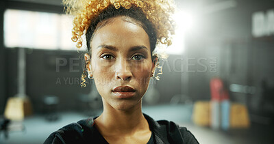 Buy stock photo Portrait, serious and African woman at gym with fitness pride, ready for workout and exercise. Confident, female person and start of training, sports assistance and membership at wellness facility