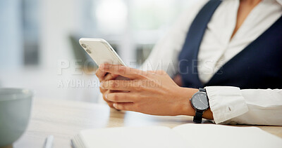 Buy stock photo Hands, business and person with phone in office for research, contact editor and editing article. Journalist, browsing and mobile for copywriting source, facts check and texting for story publication