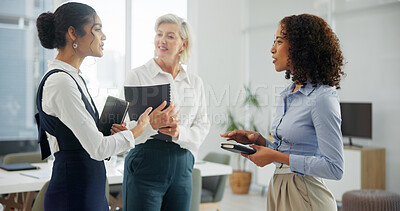 Buy stock photo Media agency, planning and women in office, meeting and documents with brainstorming. People, employees and journalists with article ideas, feedback and talking with creative, news report or teamwork