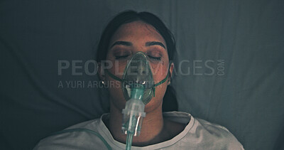 Buy stock photo Healthcare, anesthesia and woman with oxygen mask, recovery and operation in hospital bed. Female person, medical patient and breathing equipment for coma, cardiology or emergency with ventilation