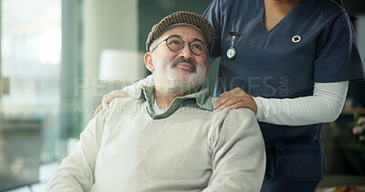 Buy stock photo Home, nurse and senior man in wheelchair, conversation and healthcare with recovery. Pensioner, caregiver and person with disability, help and discussion with healing, support and medical service