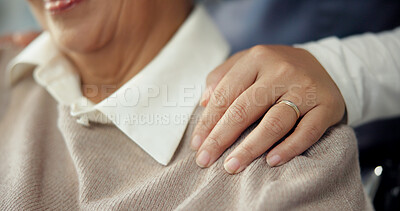 Buy stock photo Home, nurse and old woman in wheelchair, hand and healthcare with compassion. Pensioner, caregiver and person with disability, help and sympathy with healing, support and medical service with empathy