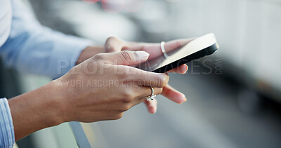 Buy stock photo Notification, reading or hands of businesswoman with phone, check email or update social media on break. Employee, networking or browsing internet with mobile app, online website or typing message