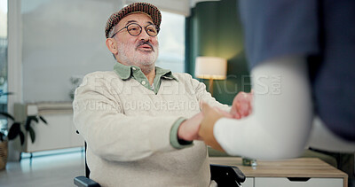 Buy stock photo Home, nurse and old man in wheelchair, holding hands and healthcare with recovery. Assisted living, caregiver and person with disability, help or conversation with healing, support or medical service
