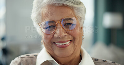 Buy stock photo Senior woman, happy and glasses in home, relax and confidence with pride for retirement in lounge. Elderly person, smile and portrait in living room, spectacles and chill at apartment in Mexico