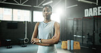 Fitness, portrait and black woman in gym with arms crossed, serious and confidence. Exercise, African person and ready for workout, training and wellness for physical improvement in health club