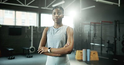 Buy stock photo Fitness, portrait and black woman in gym with arms crossed, serious and confidence. Exercise, African person and ready for workout, training and wellness for physical improvement in health club