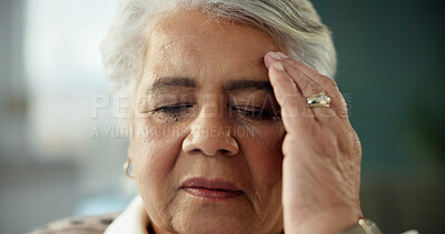 Buy stock photo Senior woman, headache and stress in home with vertigo, hypertension and symptoms in lounge for retirement. Elderly person, frustrated and migraine with pain, burnout or fatigue in morning at house