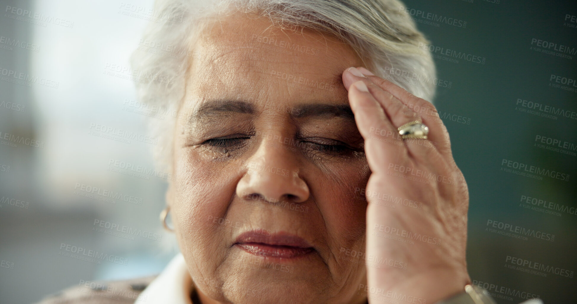 Buy stock photo Senior woman, headache and stress in home with vertigo, hypertension and symptoms in lounge for retirement. Elderly person, frustrated and migraine with pain, burnout or fatigue in morning at house