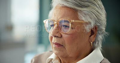 Buy stock photo Thinking, sad and elderly woman in home for depression, alone and reflection by window. Retirement, disappointed and senior person with memory, lonely and thoughtful for isolation in living room