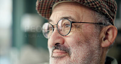 Buy stock photo Thinking, face and senior man in home for depression, nostalgia and reflection in house. Retirement, disappointed and elderly person with memory, lonely and thoughtful for isolation in living room