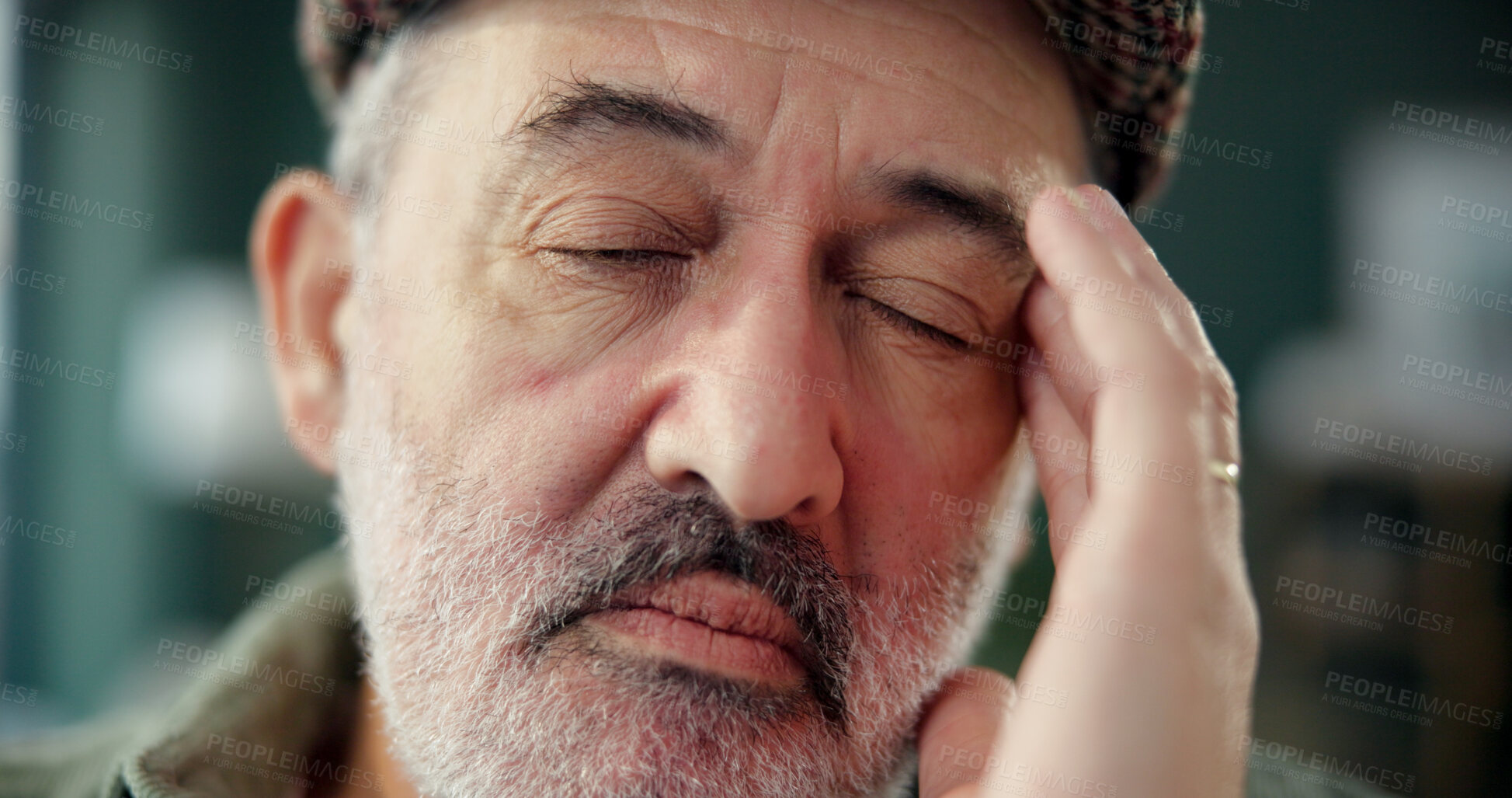 Buy stock photo Senior man, headache and stress in home with vertigo, hypertension and symptoms in lounge for retirement. Elderly person, frustrated and migraine with pain, burnout or fatigue in morning at apartment