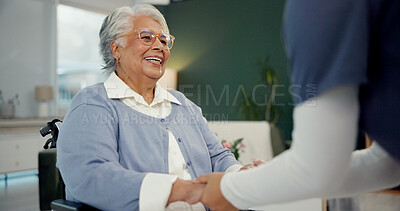 Buy stock photo Home, nurse and old woman in wheelchair, holding hands and healthcare with medical service. Pensioner, caregiver and senior person with disability, help or good results with healing, support or smile