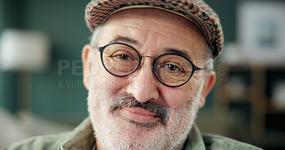 Buy stock photo Portrait, smile and glasses with man in home for author, about us and confidence. Literature expert, pride and happiness with mature male person in living room of apartment for creative writer 