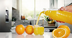 Hands, kitchen and pour orange juice for citrus, healthy diet and bottle with vitamin c. Nutrition, person and glass jar with fruit, organic beverage and natural drink with ice for breakfast in home