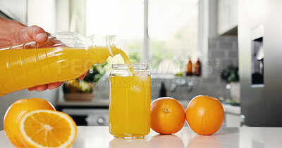 Buy stock photo Health, bottle or hand with orange juice in home for nutrition, breakfast diet or vitamin c. Person, glass jar or pour fruit beverage in kitchen for citrus benefits, organic or natural drink with ice