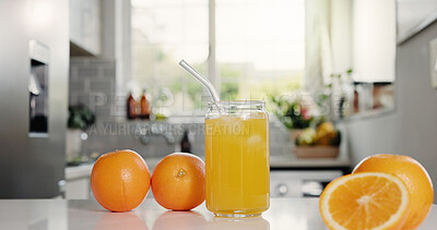 Buy stock photo Nutrition, juice or glass in kitchen with orange, antioxidant or vitamin benefit in morning drink. Organic, hydration or fruit in house with detox diet, gut health or digestion in breakfast beverage.