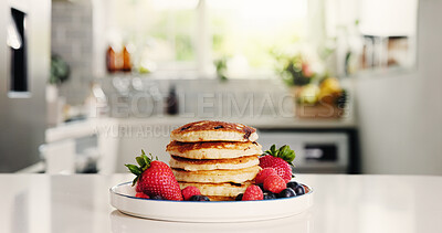 Buy stock photo Food, pancakes and strawberries with meal in kitchen of home for hunger, nutrition or snack. Breakfast, fruit and morning with organic pastry in apartment for culinary or gourmet dish presentation
