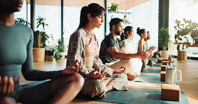 Buy stock photo Fitness, yoga and people in lotus pose in studio for relax, peace and calm on wellness retreat. Chakra, meditation and self care group with breathing for balance, mindfulness or zen in health club.