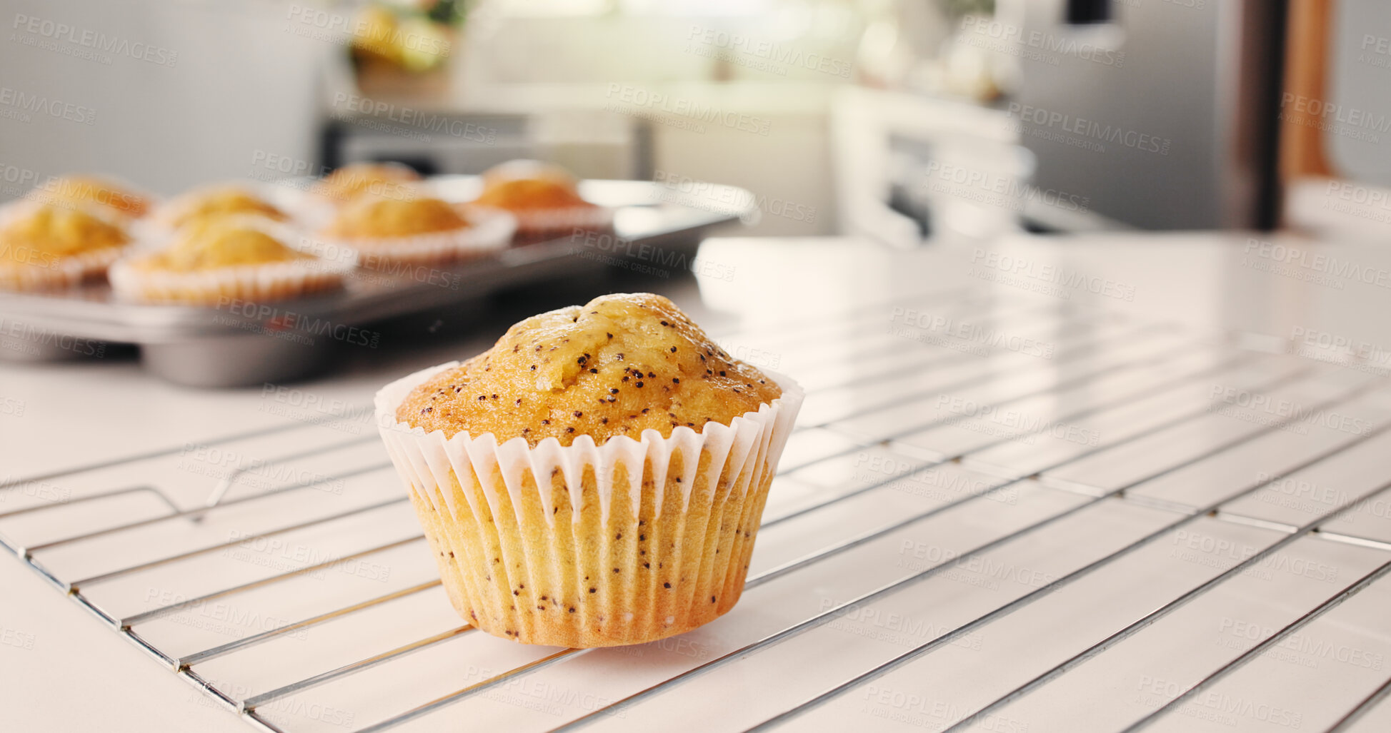 Buy stock photo Baking, recipe or muffin on kitchen counter with poppyseed, fiber and digestive health benefits. Dessert, gluten free cupcake or sweet treat in home for homemade snack, baked goods or breakfast food.