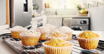 Muffin, recipe and sprinkle with powder in kitchen for sweet treat, homemade snack and preparation. Dessert, poppyseed cupcake and dust with sugar in home for topping, baked goods and breakfast food.