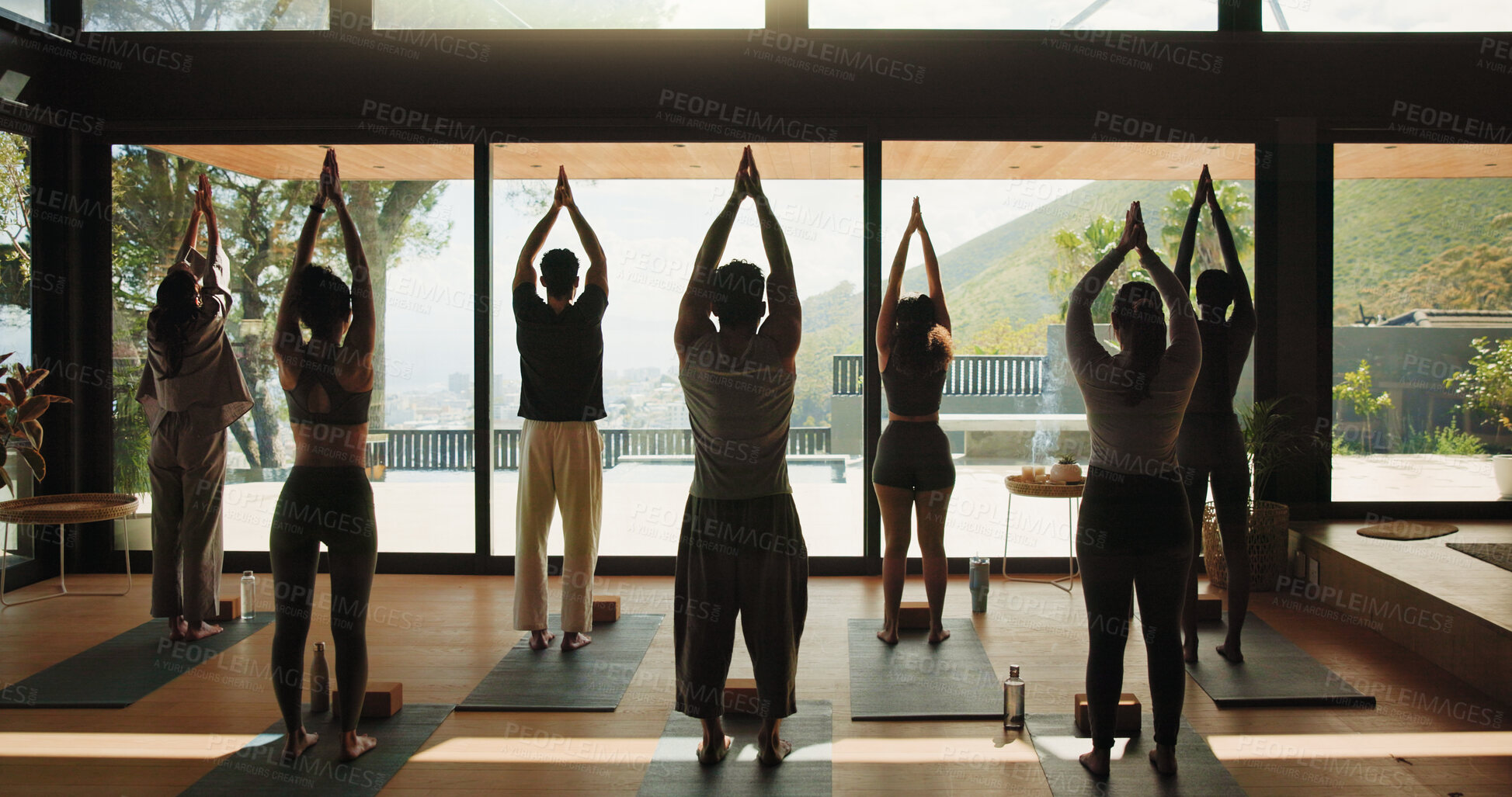 Buy stock photo People, fitness or yoga class with namaste for spiritual wellness, mindfulness or holistic exercise. Back view, group or yogi with coach or trainer for meditation, zen or awareness together in studio
