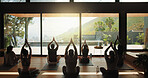 Back, fitness and people in yoga class together for morning session or holistic health course. Exercise, stretching and window view with yogi group in wellness studio for awareness or balance
