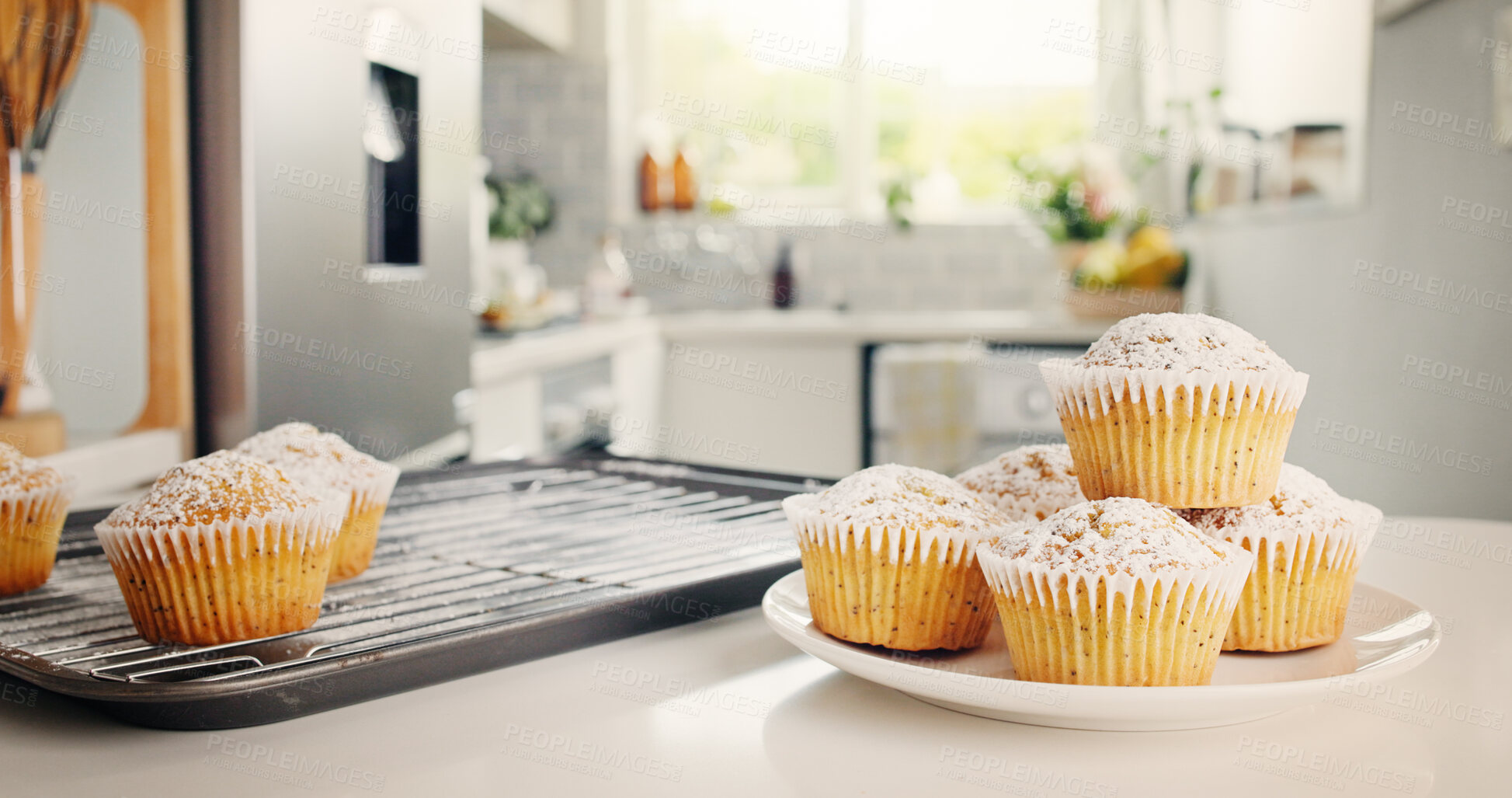 Buy stock photo Cupcakes, kitchen and baking with tray for sweet dessert, recipe or pastry creation in home. Empty, baked and muffin with icing or topping for hospitality, bakery or cake serving on plate in house