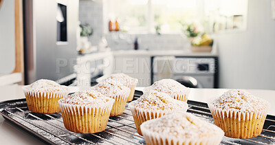 Buy stock photo Baking, muffin and icing sugar in kitchen with recipe, poppyseed sweet treat and homemade snack. Dessert, gluten free cupcake and powder in home for confection, baked goods and breakfast preparation.